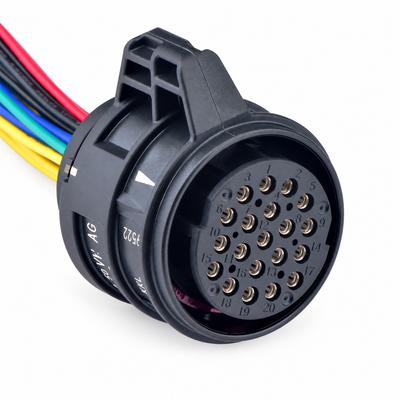 20-pin transmission connector with existing multicolour wires on a white background